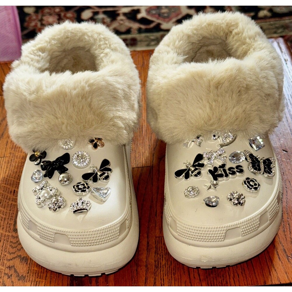 Bling Fur Crocs embellished jibbitz Platform Clog In Ivory W10